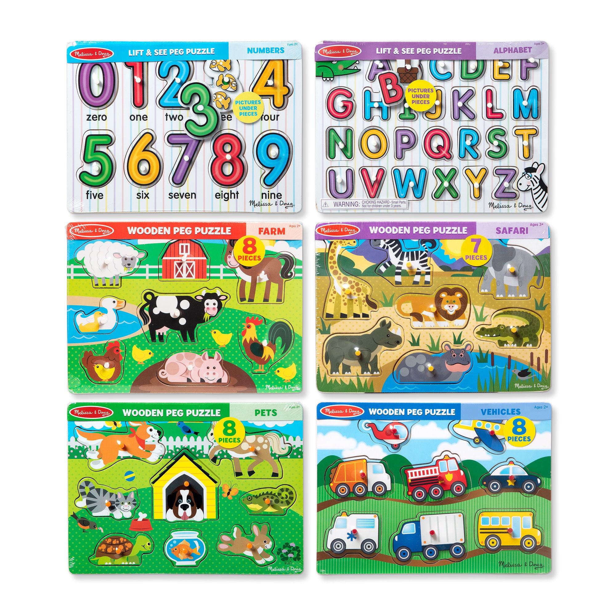 Wooden Peg Puzzle 6-Pack: Vehicles. Numbers. Safari. Farm. Pets. Alphabet - Image 4