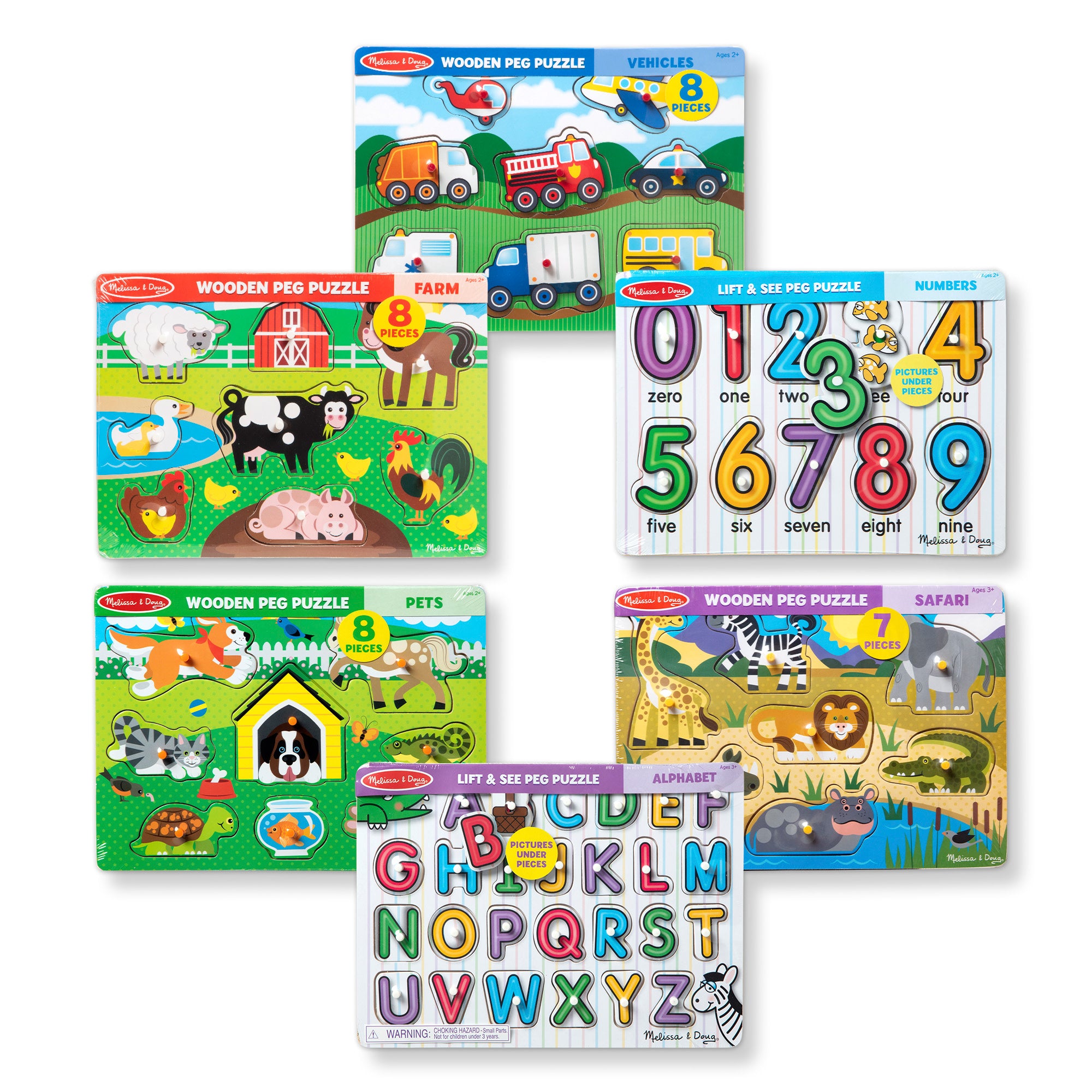 Wooden Peg Puzzle 6-Pack: Vehicles. Numbers. Safari. Farm. Pets. Alphabet