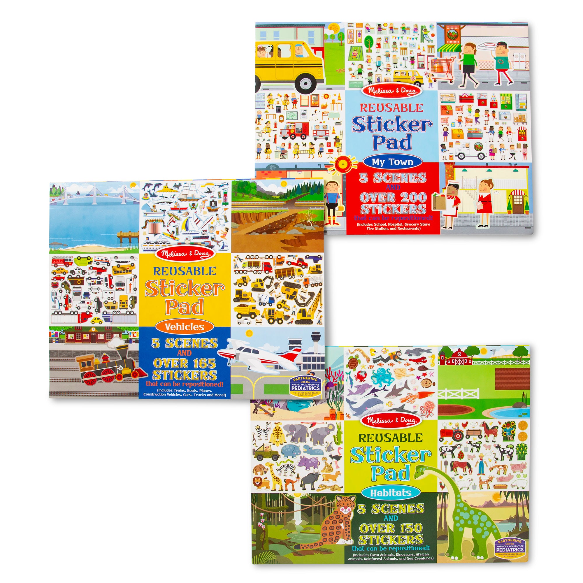 Reusable Sticker Pad 3-Pack: Habitats. Vehicles. Town